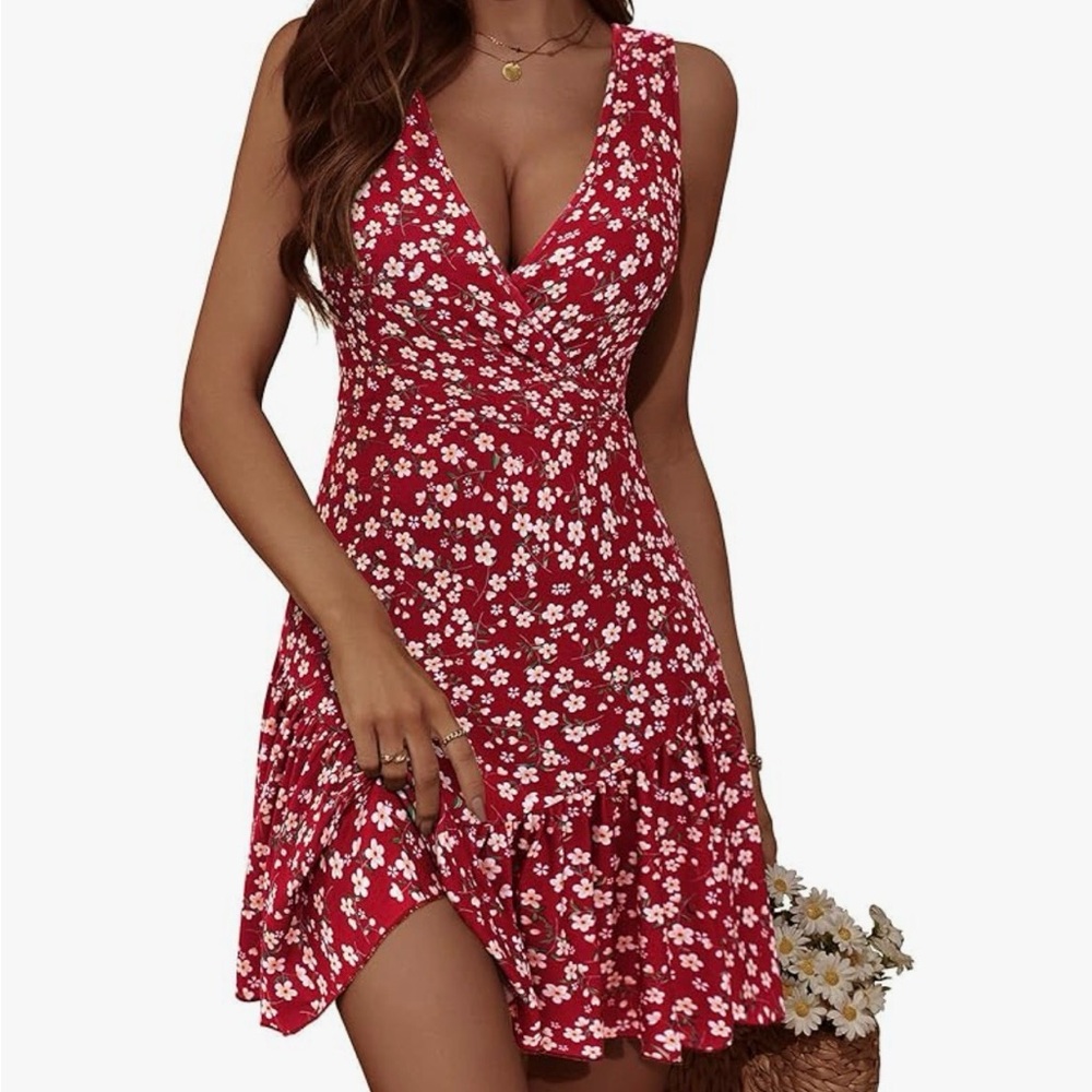 Fensace Wrap Red Floral Sundress